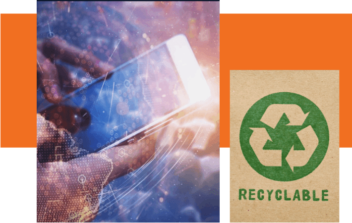 A person holding up their cell phone with the recycling logo on it.