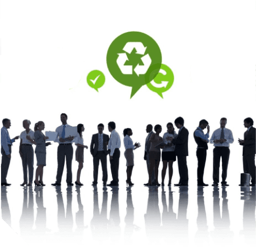 A group of people standing in front of a green recycle symbol.