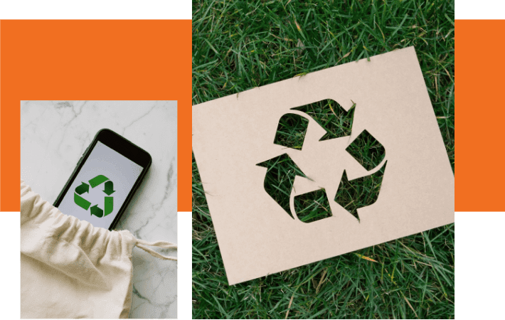A cellphone and paper with the image of a recycling symbol.